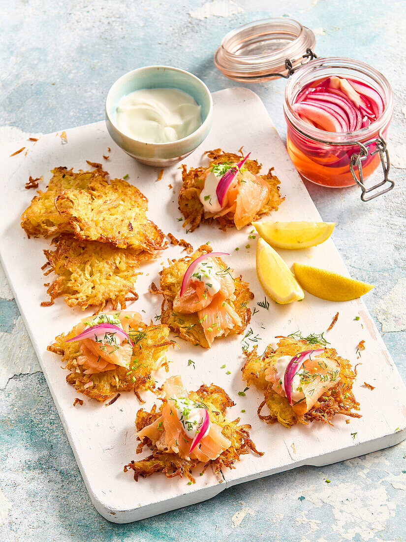 Potato pancakes with smoked salmon and dill cream