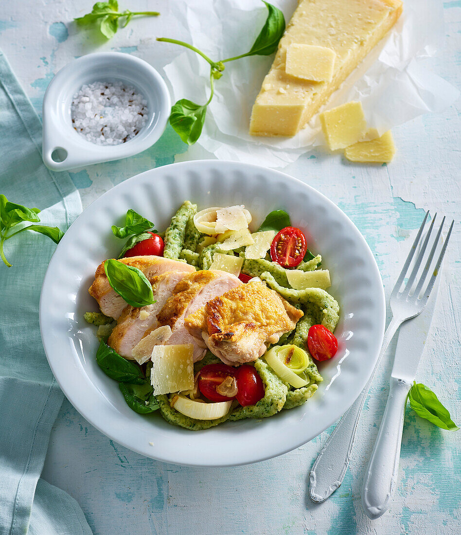 Roast chicken breast with spinach and potato noodles