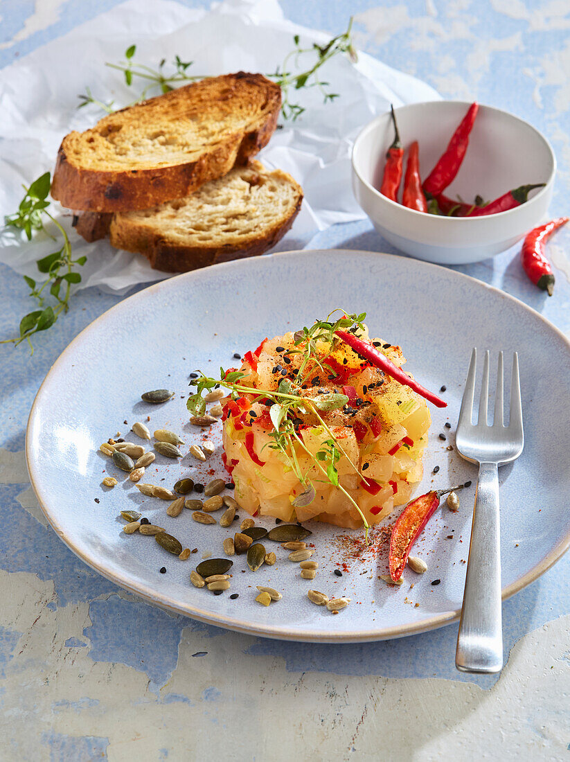 Pikanter Bierkäse-Tartar mit Kernen und Chili