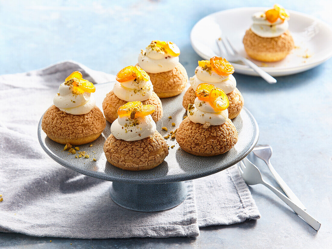 Lemon choux au craquelin with kumquat