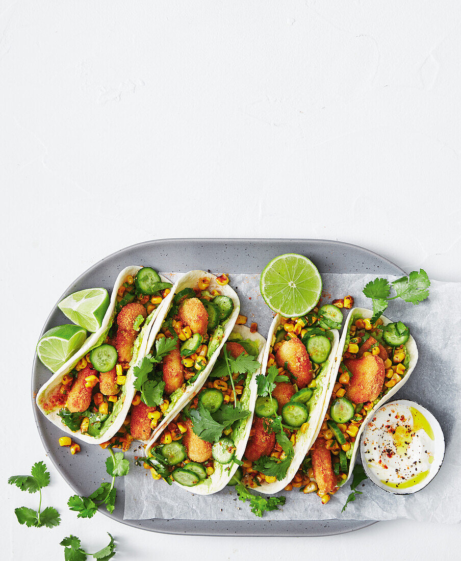 Chicken nugget tacos with sweetcorn and cucumber