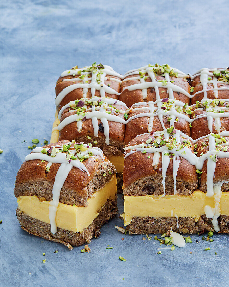 Hot Cross vanilla slice with pistachios