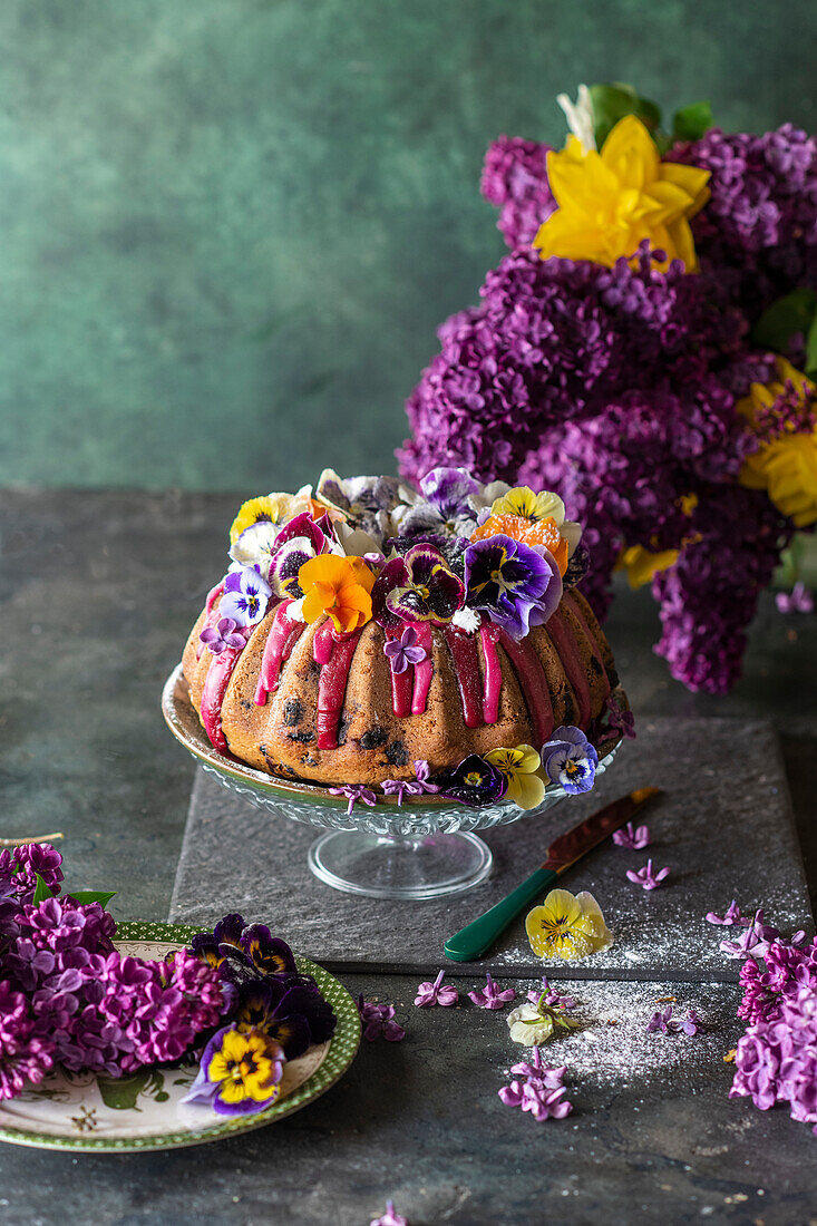 Blueberry bundt cake with edible flowers