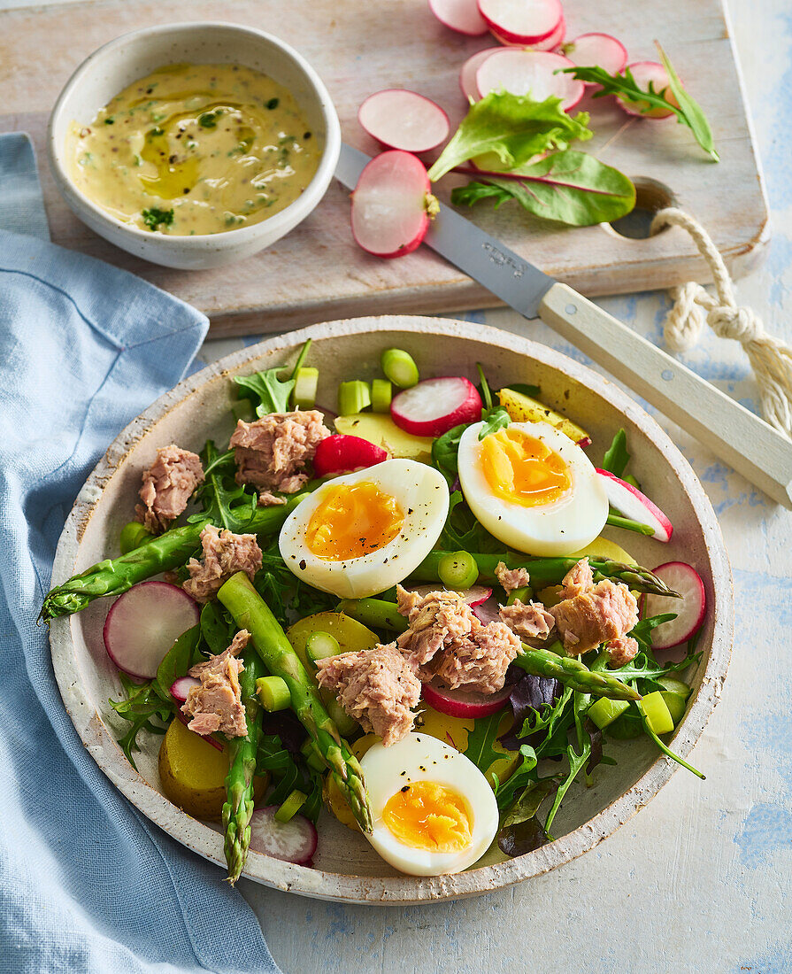 Thunfischsalat mit grünem Spargel, Radieschen und Ei