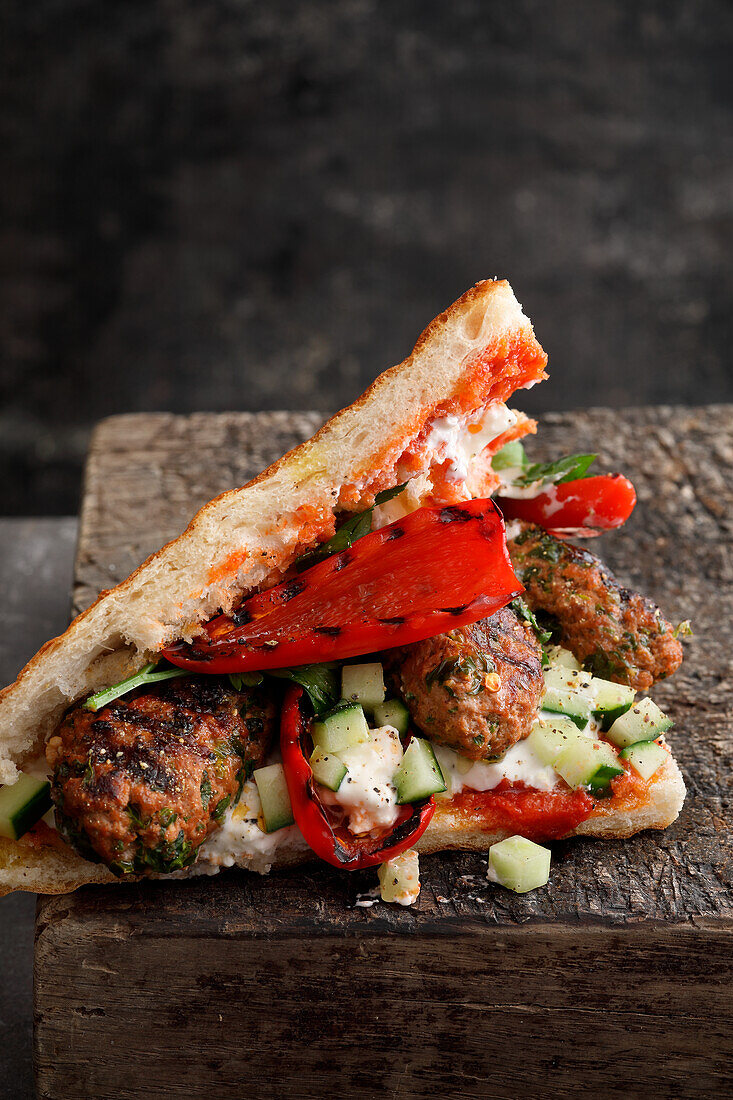 Gegrilltes Köfte-Fladenbrot mit Gurken, Spitzpaprika und Feta