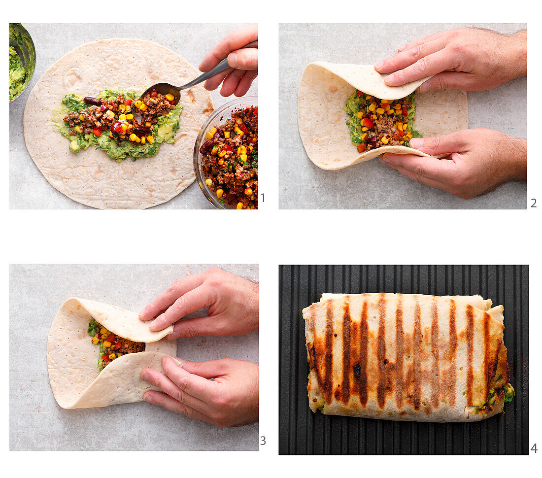 Preparing a burrito with guacamole and minced meat and vegetable filling