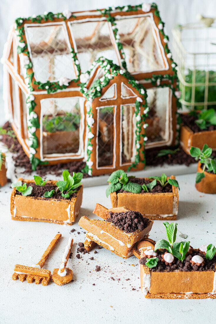 Gingerbread house for spring with edible chocolate soil