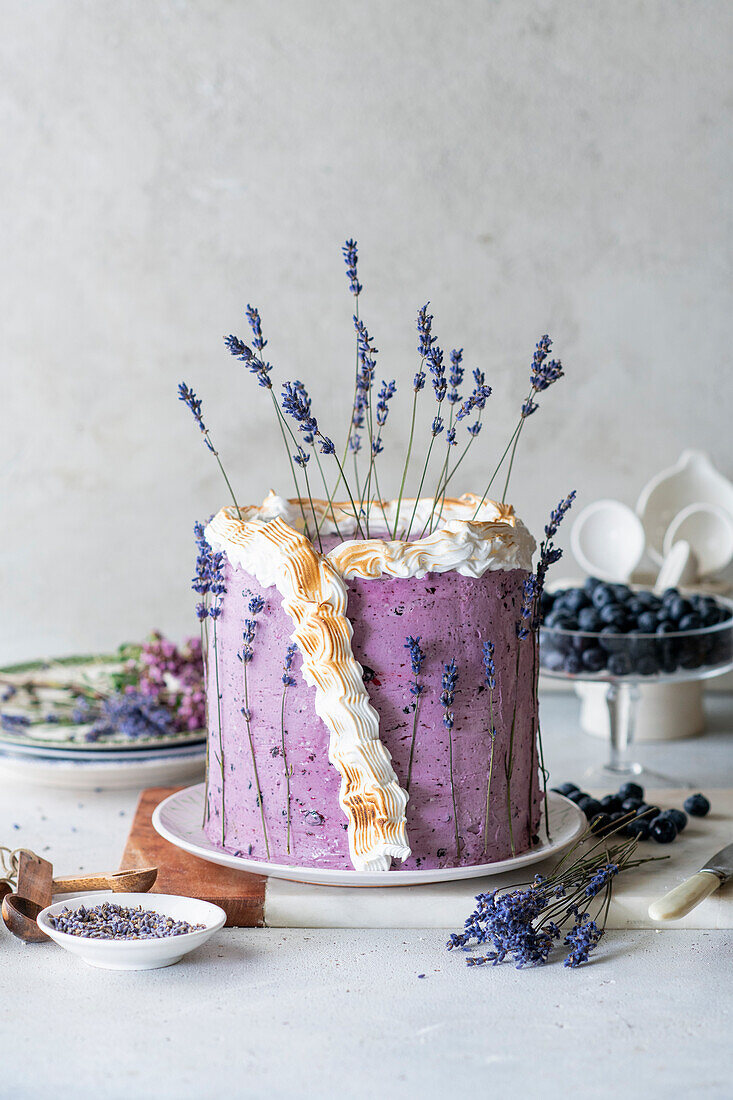 Lavendel-Blaubeer-Kuchen mit Käsekuchenfüllung