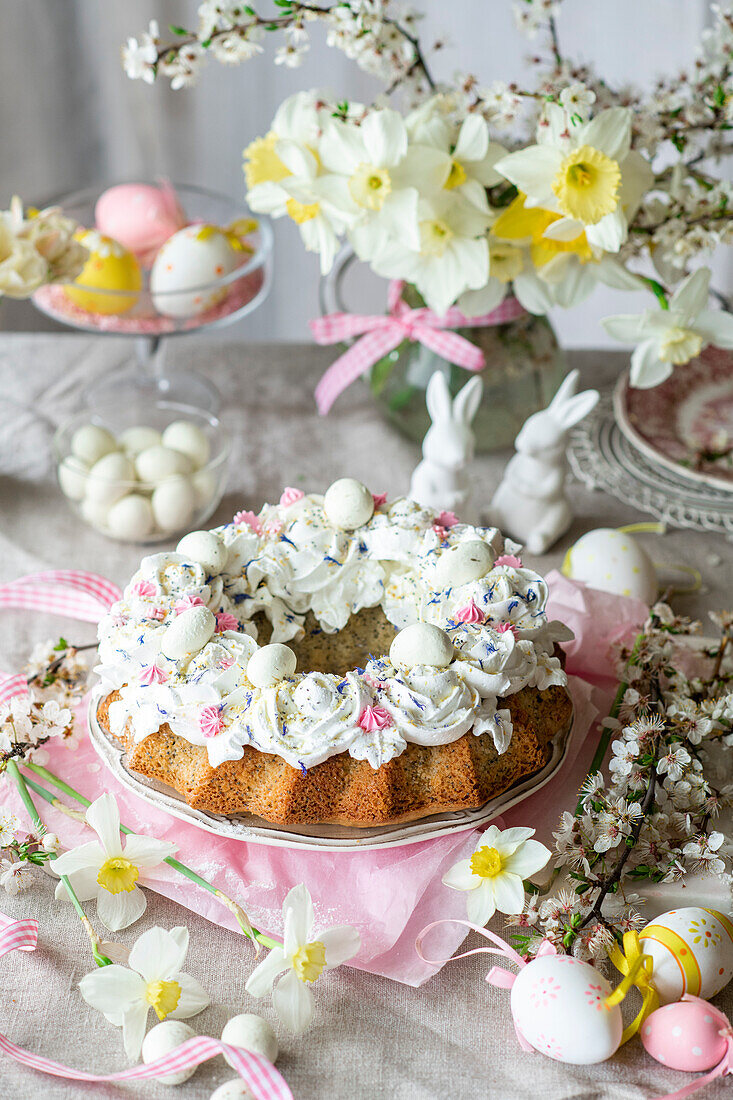 Bundt cake with meringue roses