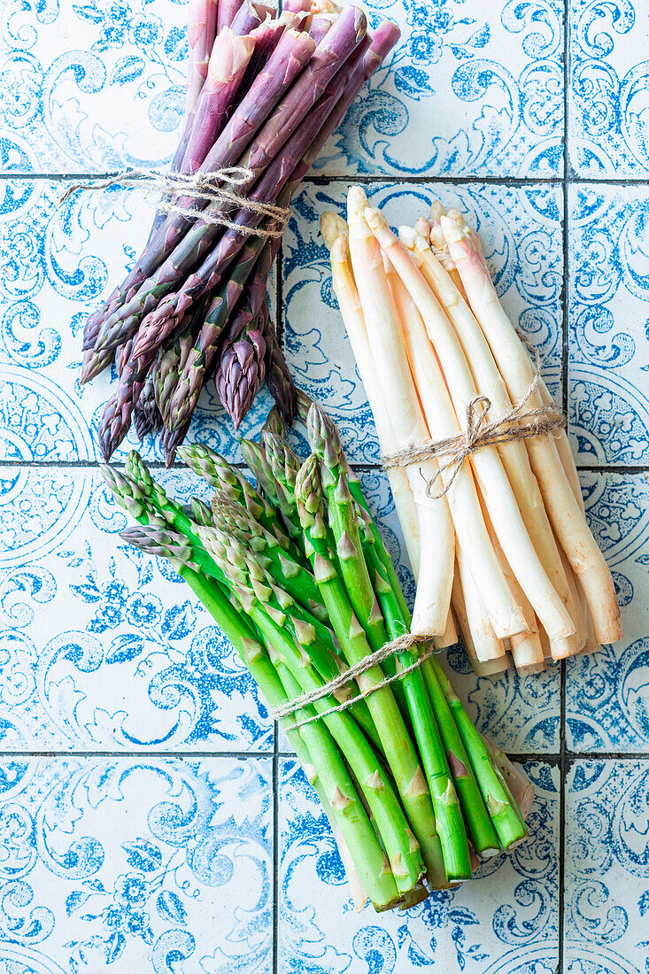 Trio of asparagus - white, green, and violet