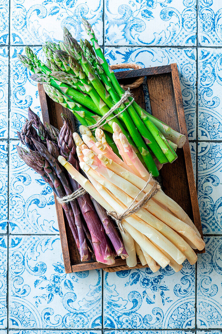 Trio of asparagus - white, green, and violet