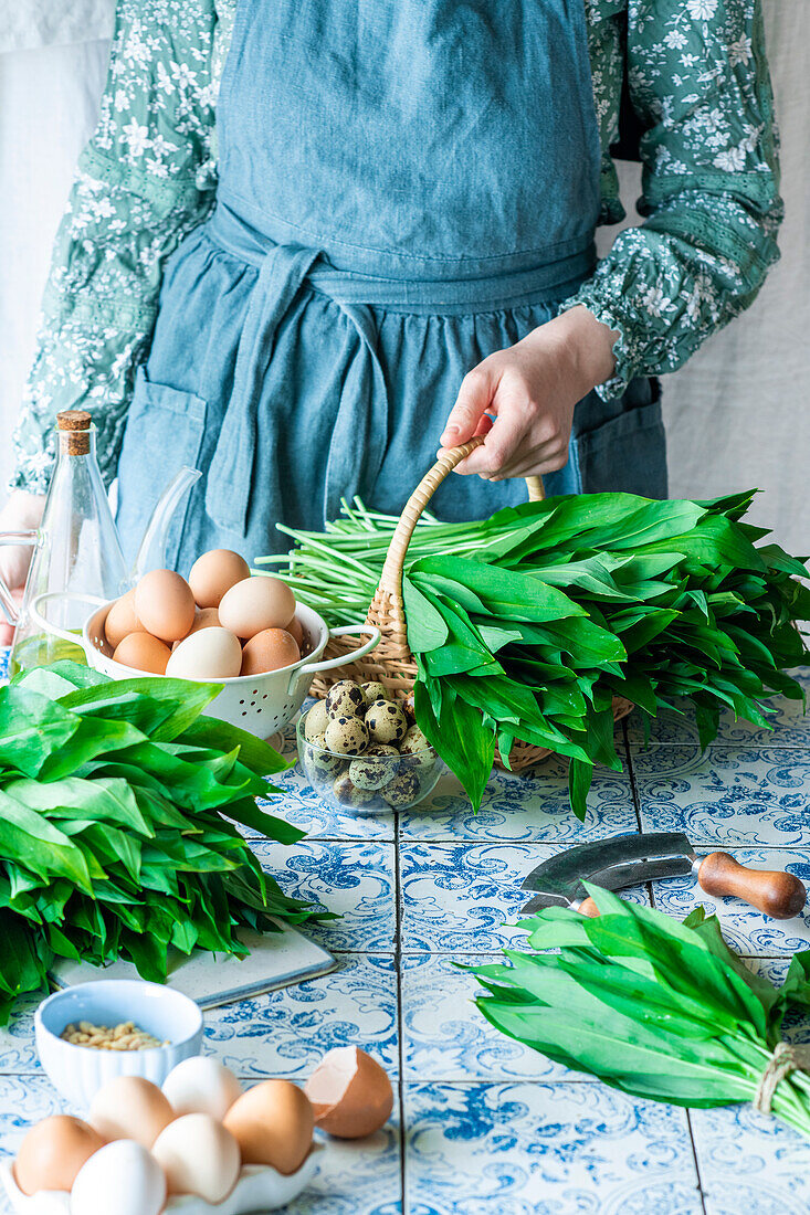 Fresh wild garlic in a basket