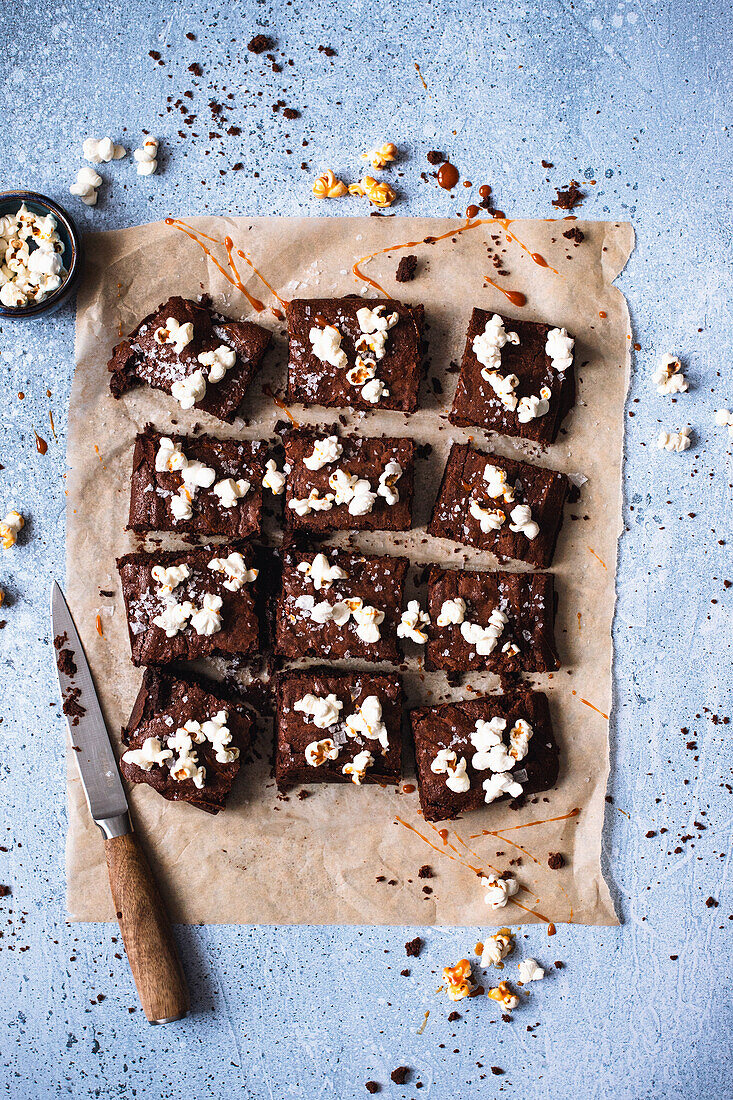 Chocolate brownies with popcorn topping