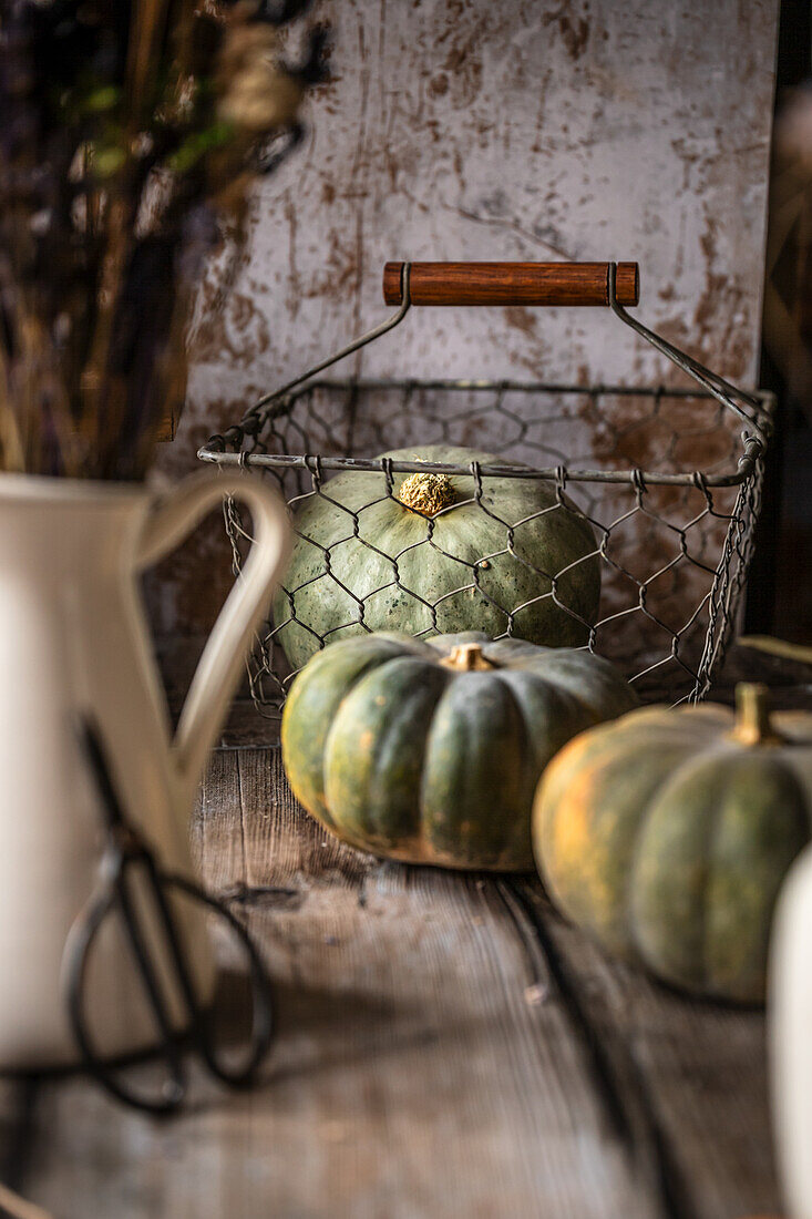 Ornamental pumpkins in a wire basket