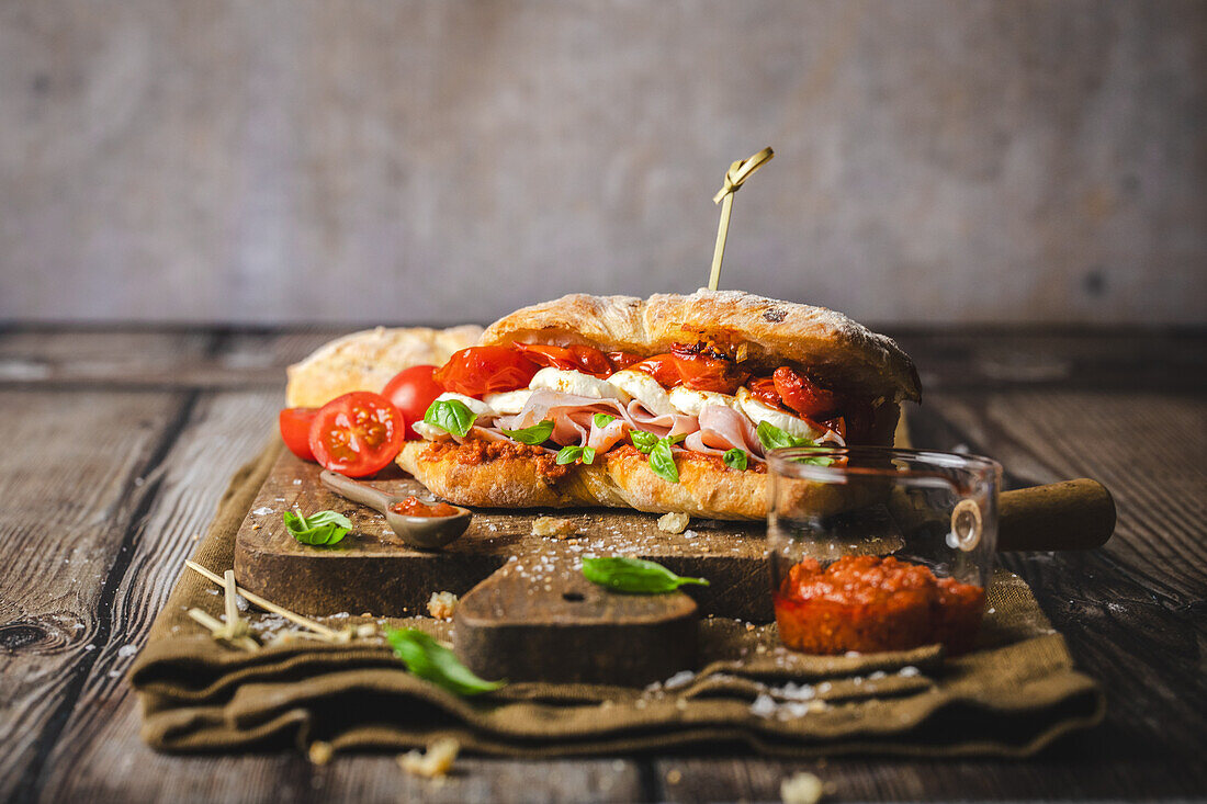 Ciabatta with mozzarella, tomato and ham