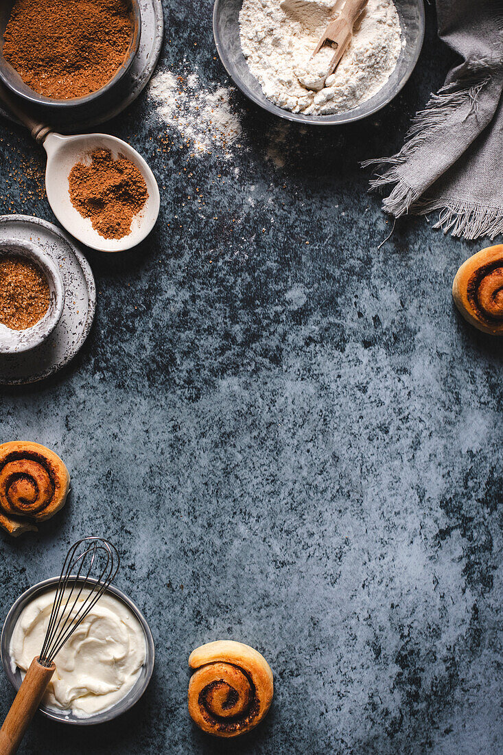 Ingredients for cinnamon buns with cream cheese frosting