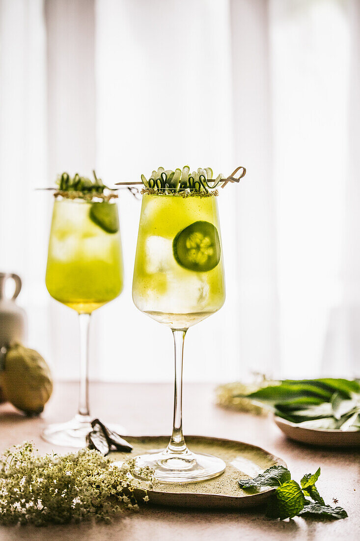 Gin cocktail with cucumber juice and herbs