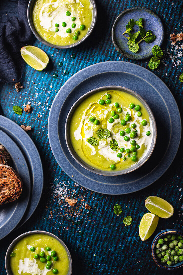 Cream of pea soup with mint and lime