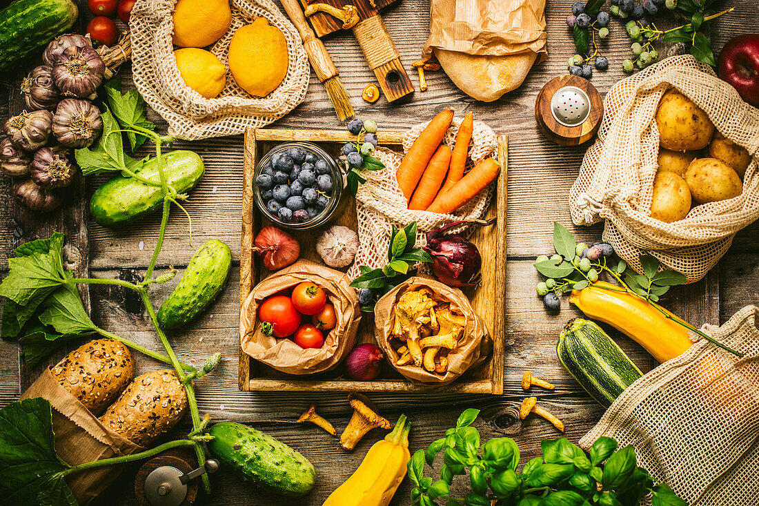 Colorful selection of fresh organic vegetables and fruit