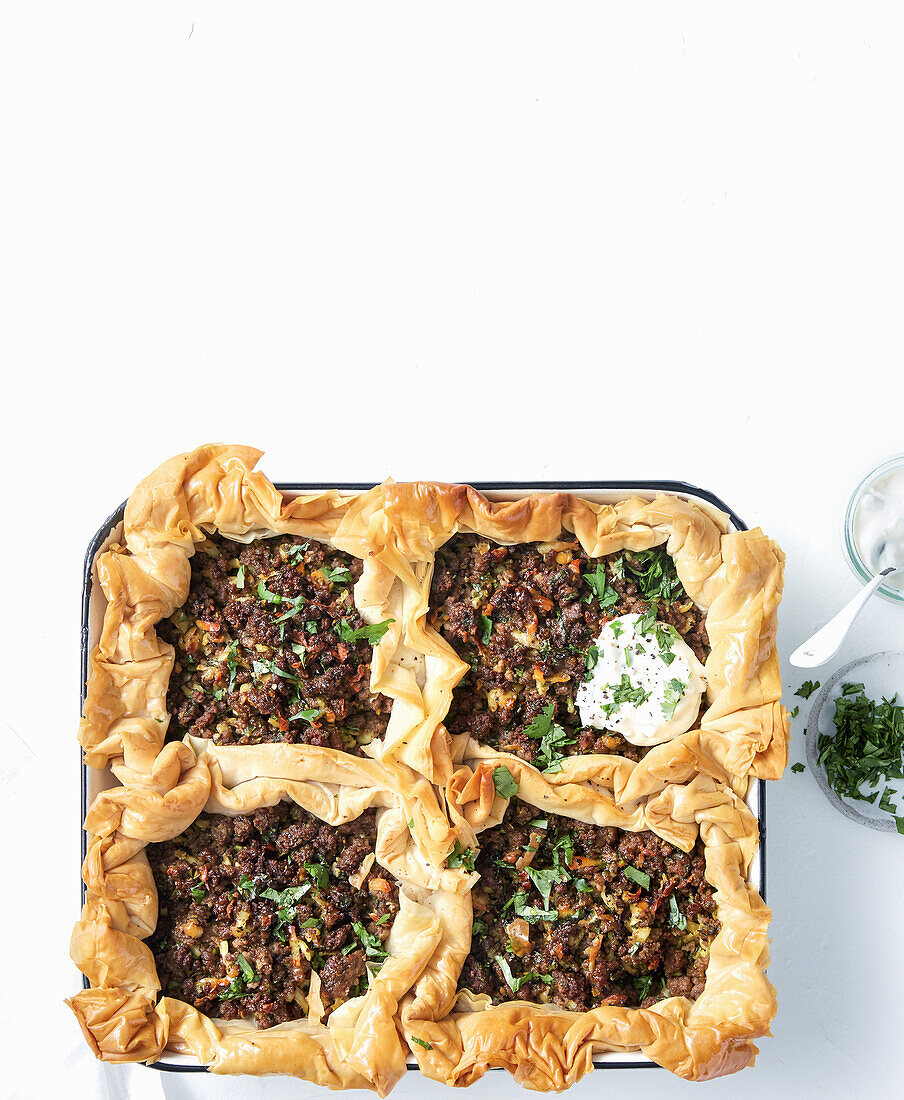 Moroccan lamb halloumi pie with yoghurt dip