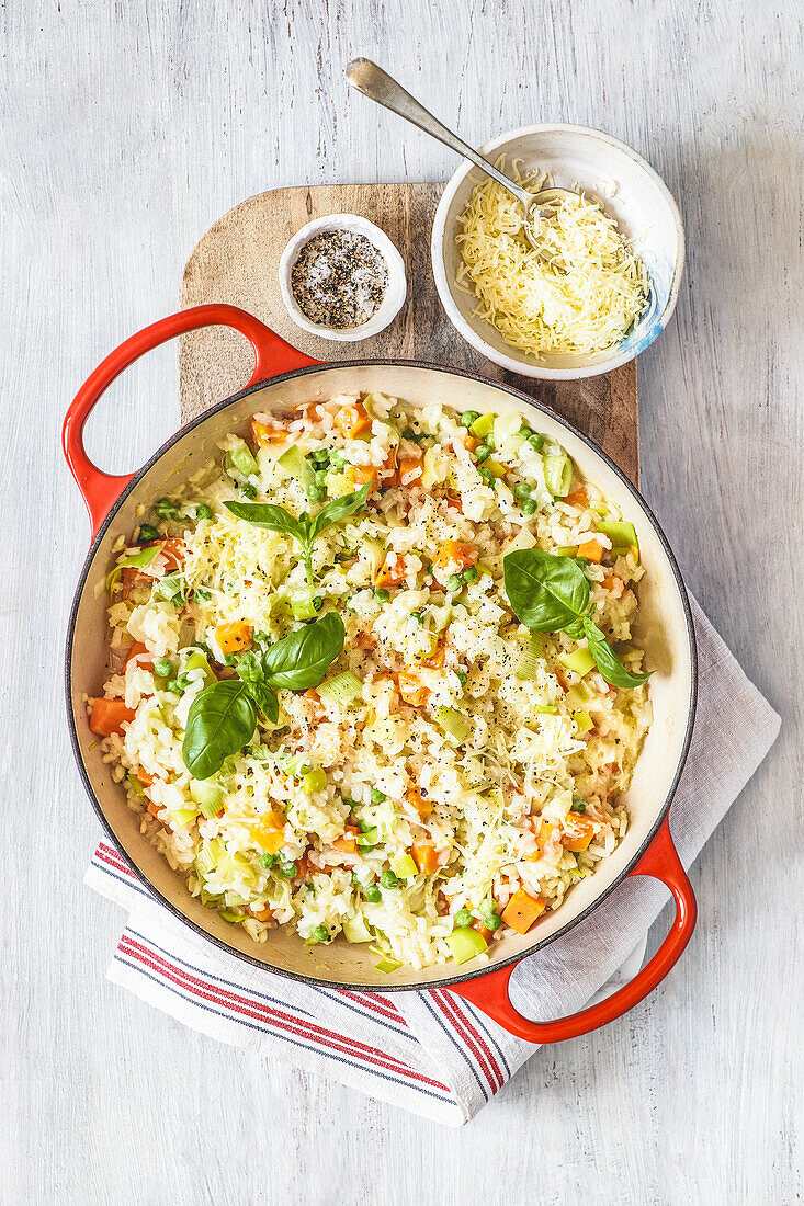 Lauch-Süßkartoffel-Risotto mit Erbsen