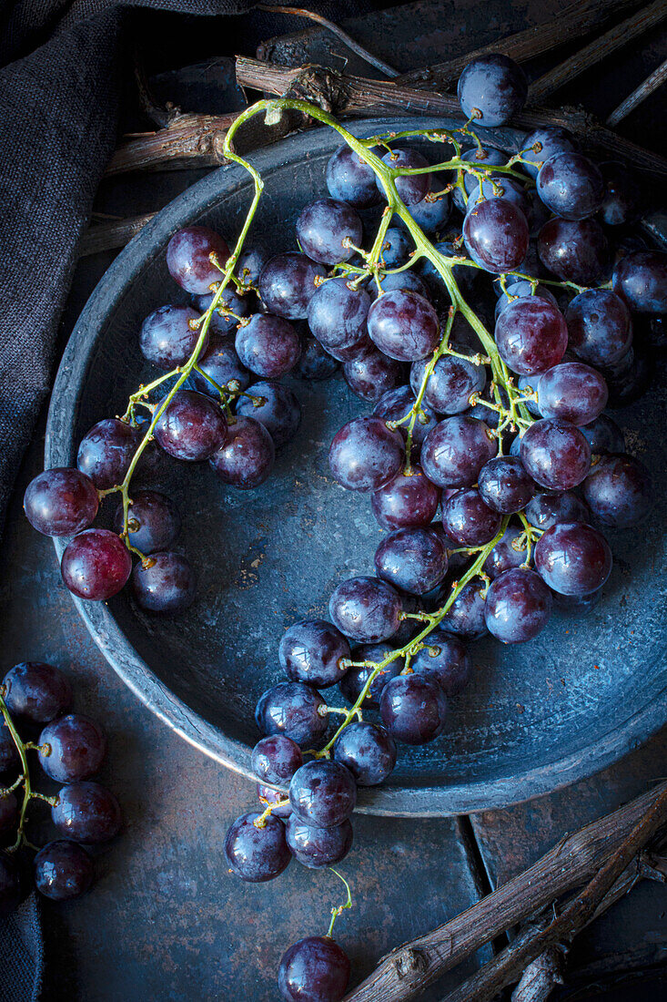 Still life with blue grapes on a dark plate