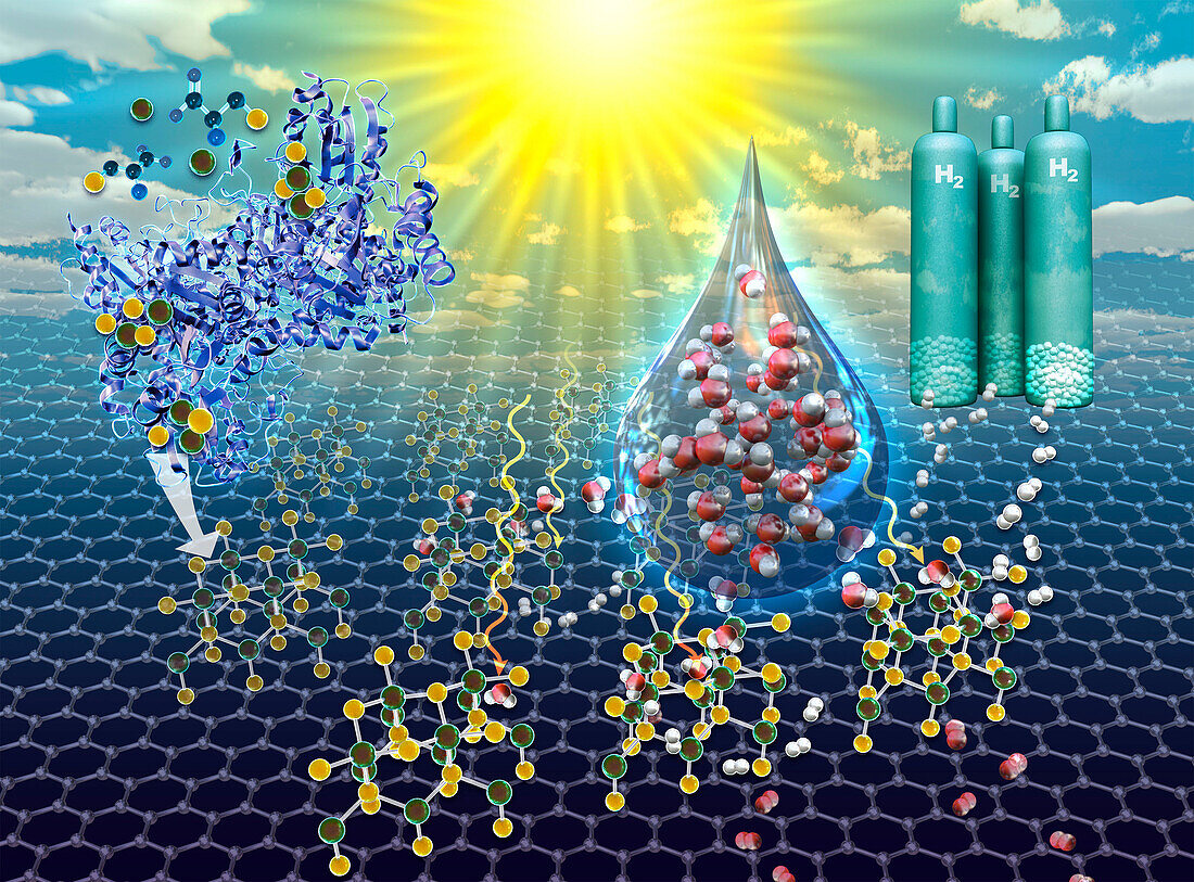 Solar powered hydrogen fuel production, illustration