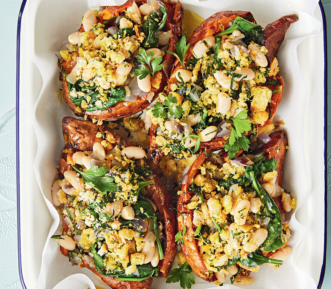 Stuffed sweet potatoes with white beans and spinach