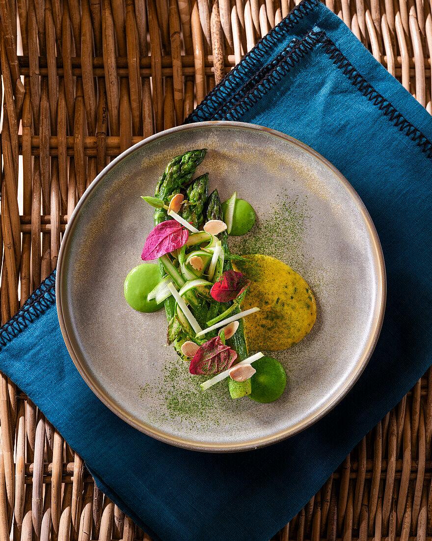 Green asparagus with verbena sabayon and apple foam