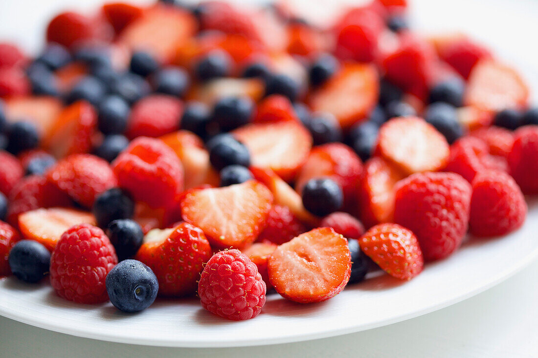 Strawberries, Raspberries and Blueberries, Close-up View