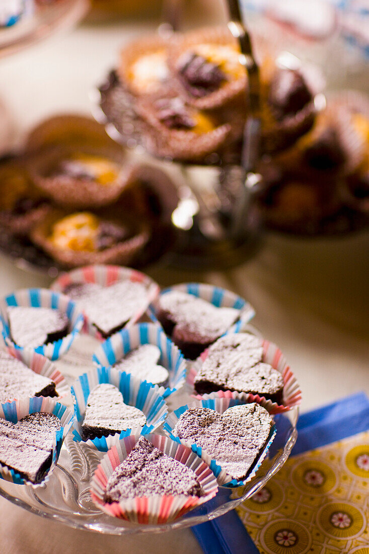 Close up of heart shaped mini cakes