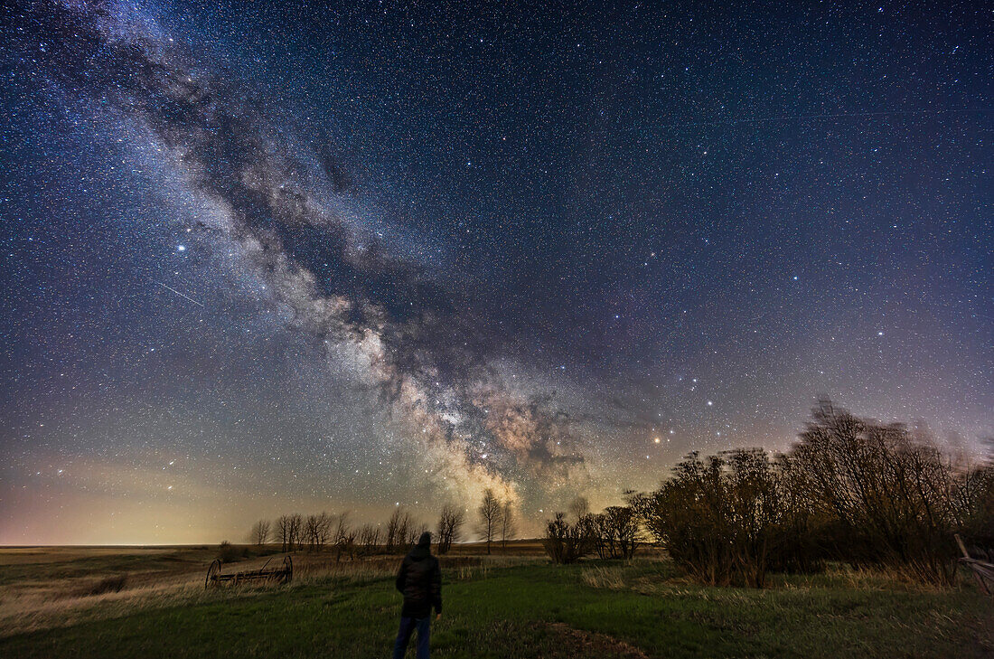 This is a selfie portrait of me under the Milky Way from my backyard in rural Alberta, on a spring night, May 9/10, 2024. The summer Milky Way and the constellations of Sagittarius and Scorpius (with yellow Antares) lie due south here, but low in the sky at my latitude of 51° N. This shows the Dark Horse well, made of dark dust lanes in the Milky Way. The galactic centre is just above the trees at centre. A meteor is at left below Altair.