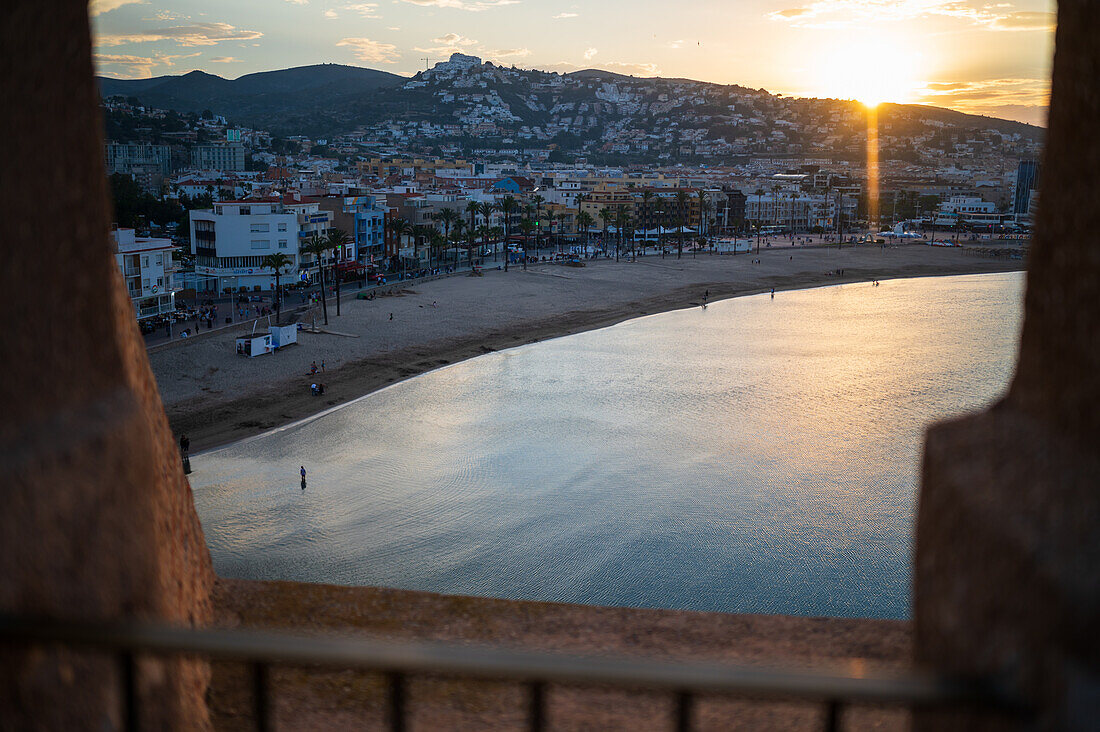 View at sunset from the city walls of the Papa Luna castle in Peñiscola, Castellon, Valencian Community, Spain