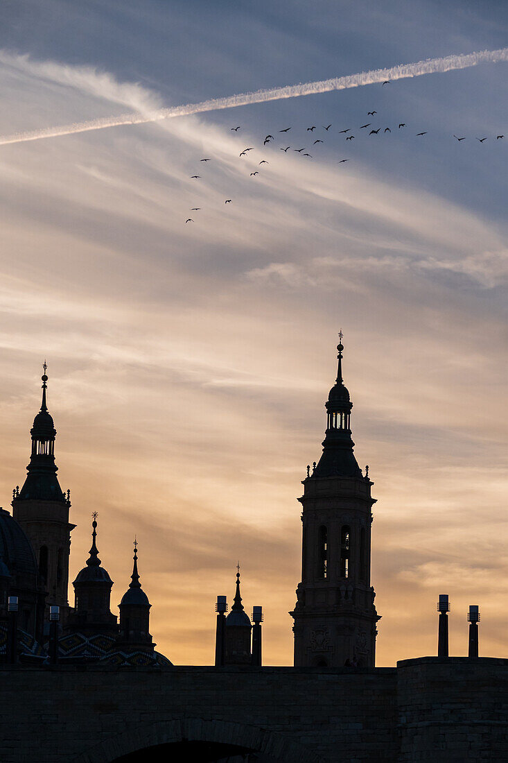 Vogelschwarm und Kathedralen-Basilika Unserer Lieben Frau von der Säule bei Sonnenuntergang, Zaragoza, Spanien