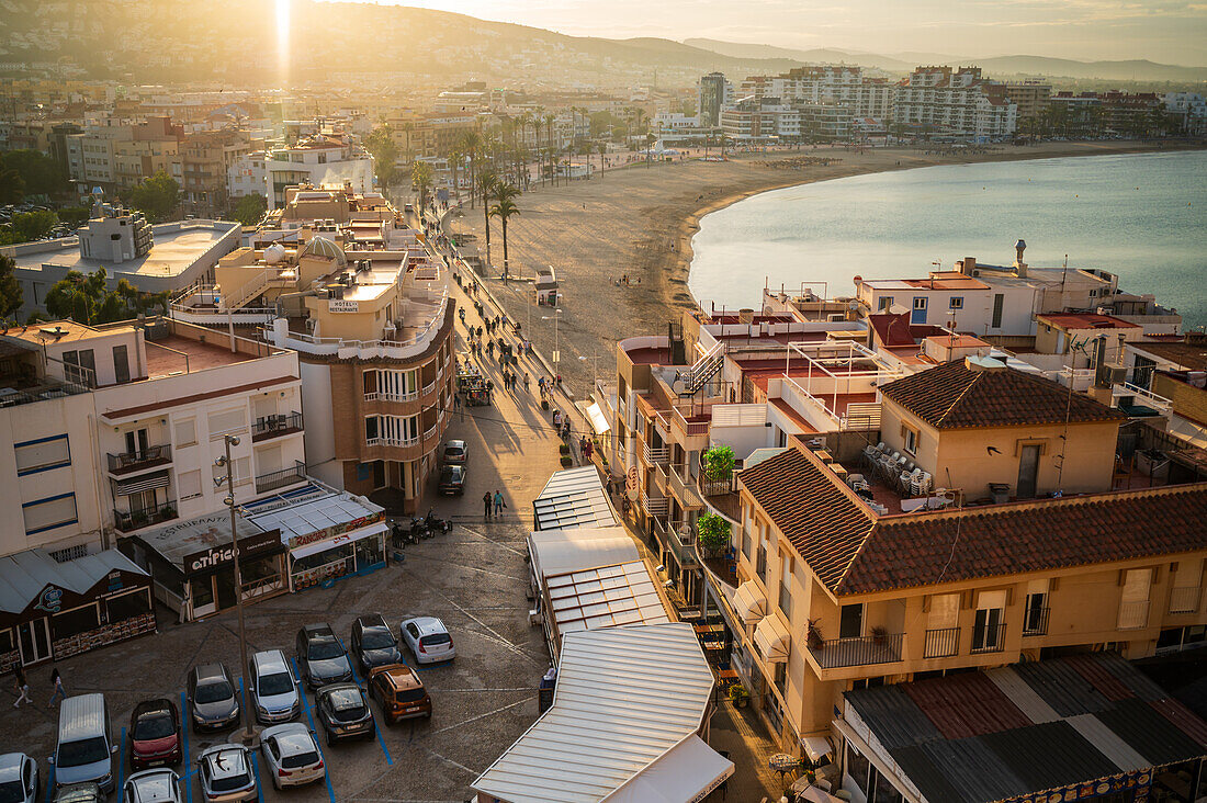 View at sunset from the city walls of the Papa Luna castle in Peñiscola, Castellon, Valencian Community, Spain