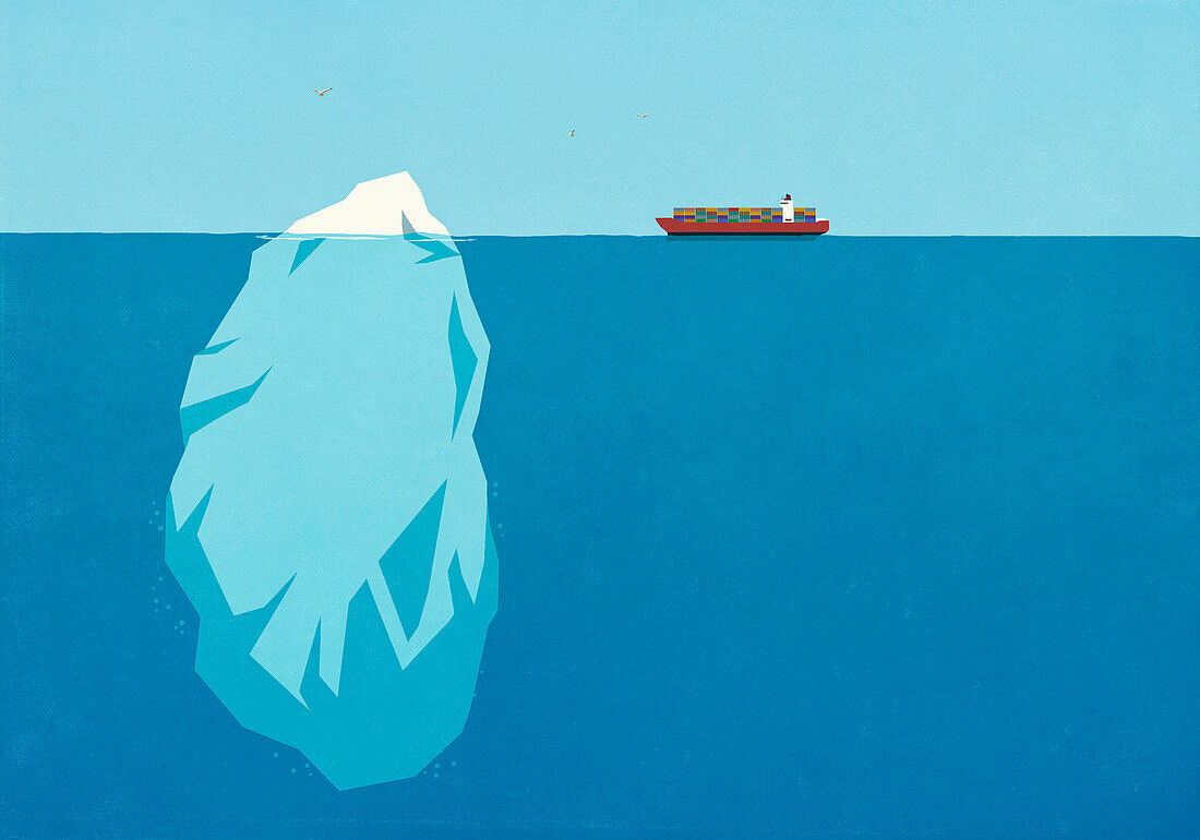 Container ship on ocean surface nearing large underwater iceberg