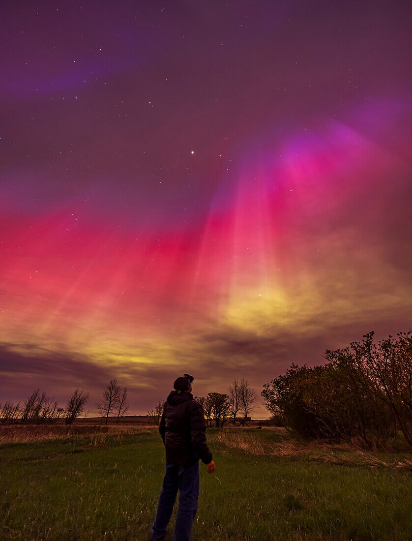 A selfie of me watching the great aurora display of May 10/11, 2024, when the Kp Index reached 8 this night and auroras were seen in the southern U.S. However, this was from home in southern Alberta at latitude 51° N.