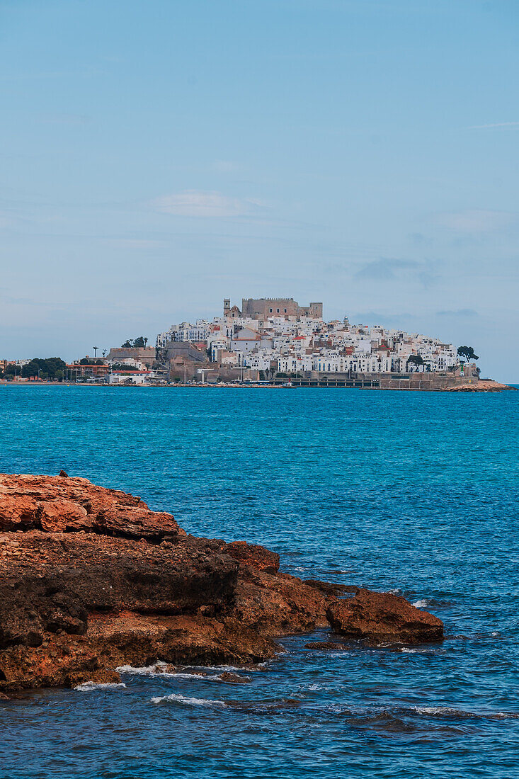 View of Papa Luna castle in Peñiscola from the beach, Castellon, Valencian Community, Spain