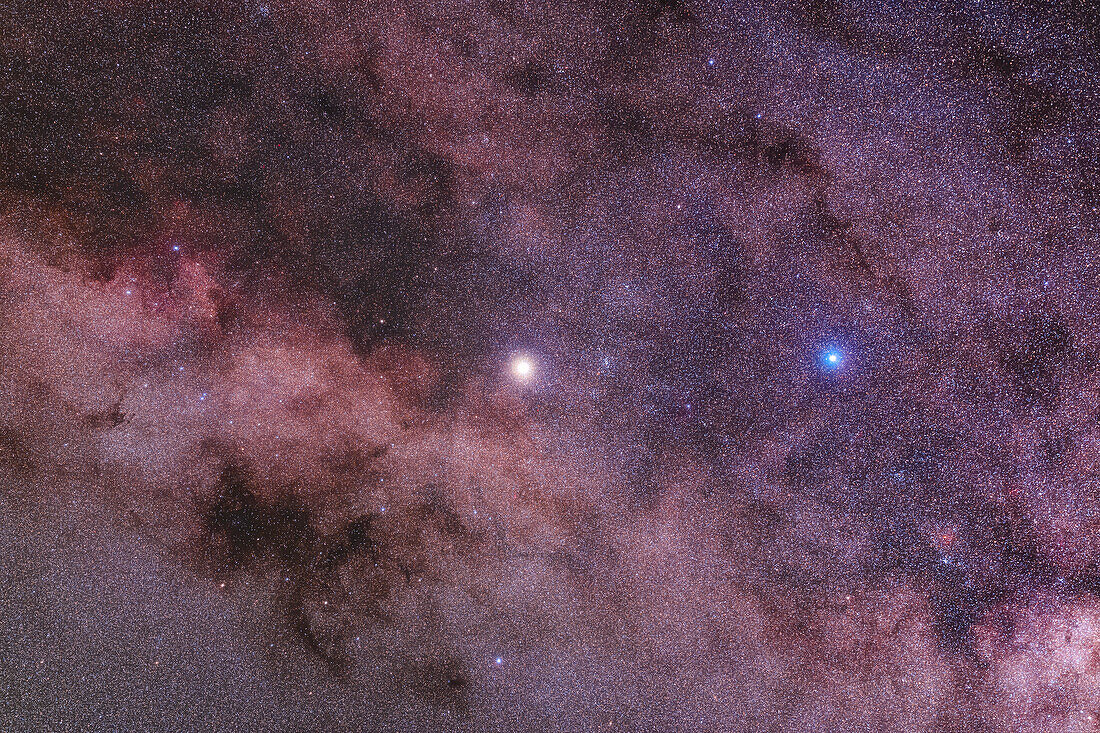 Der unserem Sonnensystem nächstgelegene helle Stern, Alpha Centauri (auch Rigel Kentaurus genannt) auf der linken Seite und der blaue Beta Centauri auf der rechten Seite. Alpha und Beta sind nicht miteinander verwandt - Alpha ist 4,2 Lichtjahre entfernt, während Beta 390 Lichtjahre entfernt ist. Zusammen werden sie "Zeiger" genannt, da sie auf das Kreuz des Südens zeigen, um eine Verwechslung mit dem Falschen Kreuz in der Nähe zu vermeiden. Alpha ist ein naher Doppelstern, einer der schönsten für kleine Teleskope, aber er ist bei diesem Abbildungsmaßstab nicht aufgelöst.