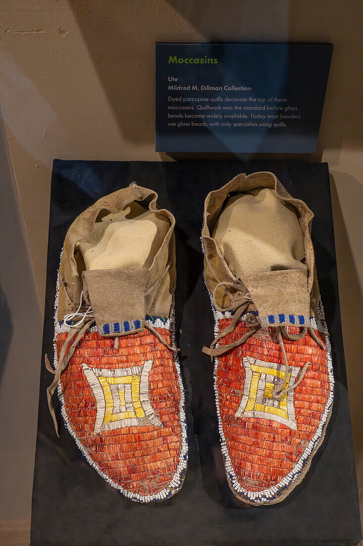 Moccasins decorated with dyed porcupine quills. Ute Indian Culture, BYU Museum of Peoples and Cultures in Provo, Utah.