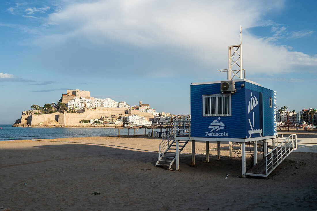 Rescue station on the beach in Peñiscola, Castellon, Valencian Community, Spain