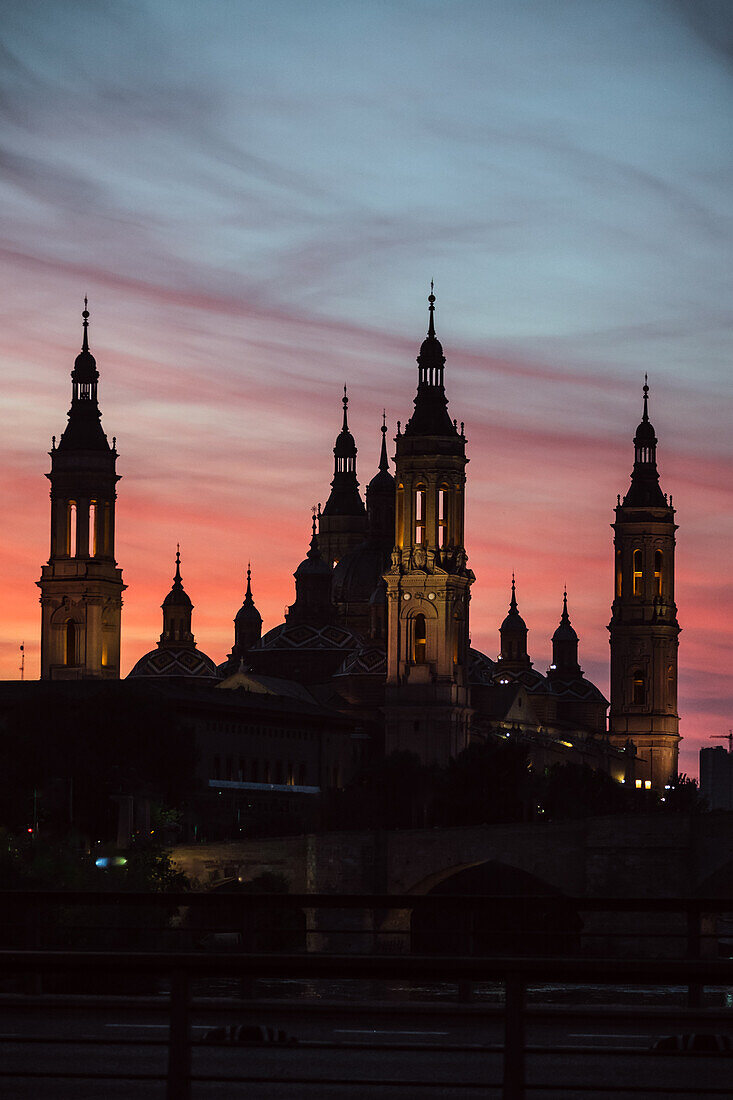 Cathedral-Basilica of Our Lady of the Pillar at sunset, Zaragoza, Spain