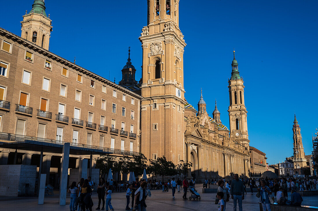 Cathedral-Basilica of Our Lady of the Pillar at sunset, Zaragoza, Spain