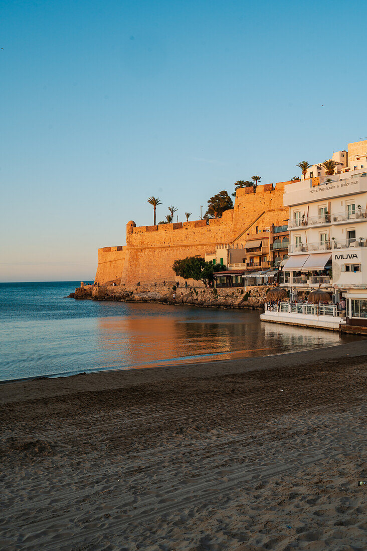 View of Papa Luna castle in Peñiscola from the beach, Castellon, Valencian Community, Spain