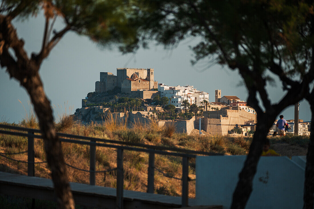 View of Papa Luna castle in Peñiscola from the beach, Castellon, Valencian Community, Spain