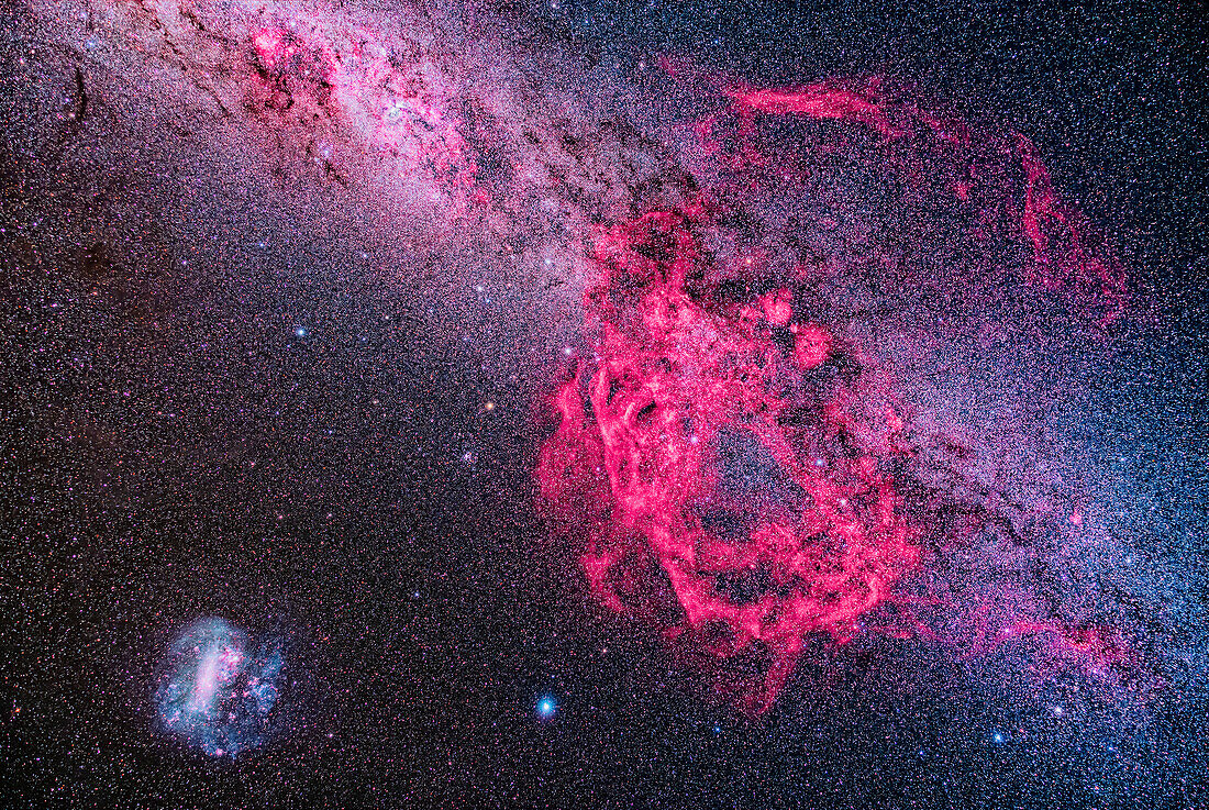 This is a framing of the vast Gum Nebula in the southern Milky Way, that sprawls over the constellations of Vela and Puppis. It is listed as object #12 in the catalog of southern nebulas compiled in the 1950s by Australian astronomer Colin Gum. It is perhaps a supernova remnant (not to be confused with the smaller Vela Supernova Remnant that is within the Gum Nebula) or is a large and old H-Alpha star-forming region. It is nearby in the Milky Way, at about 1500 light years from us. Smaller components of it carry other catalogue numbers such as Gum 15 and Gum 17.