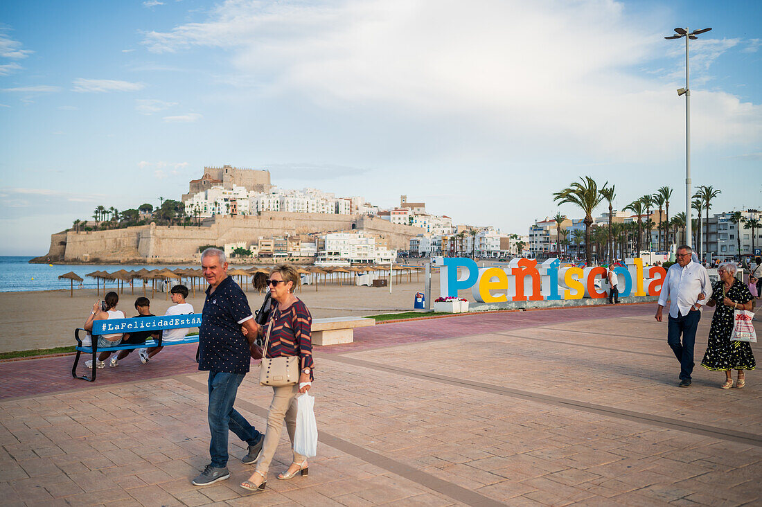 Beach promenade in Peñiscola, Castellon, Valencian Community, Spain