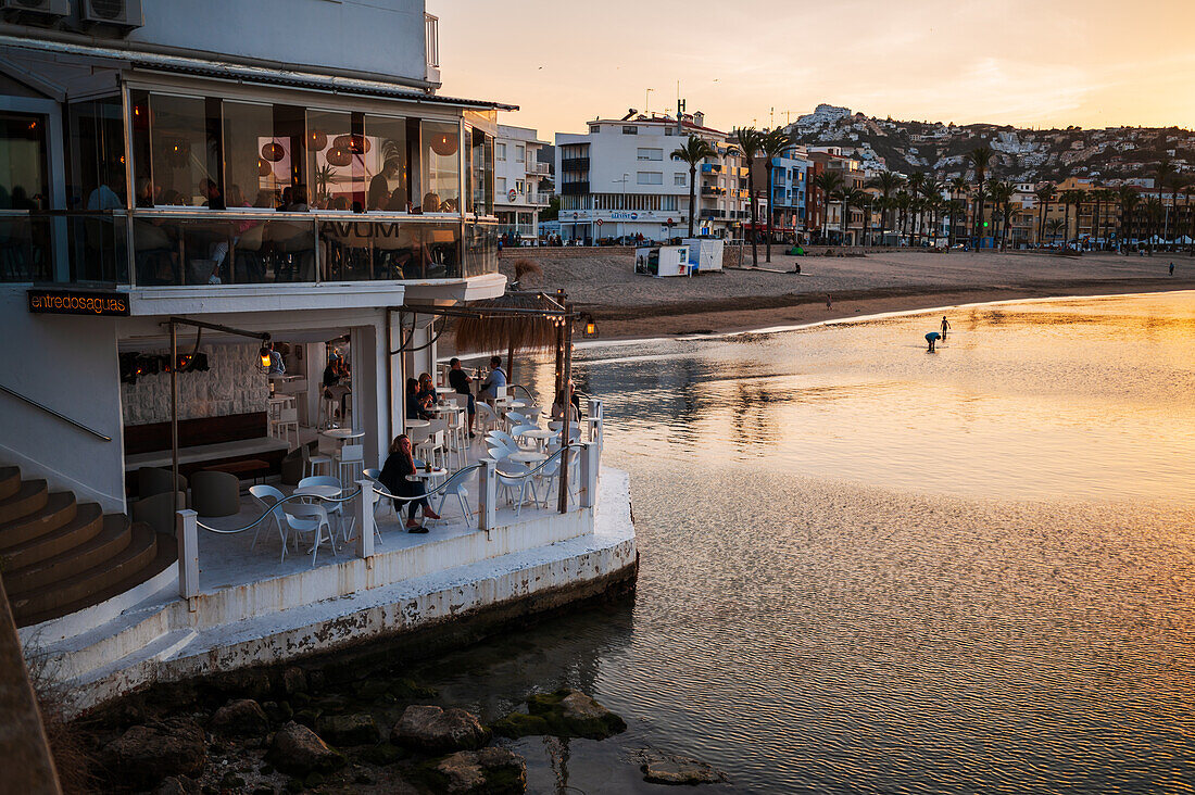 Coastal restaurant at sunset in Peñiscola, Castellon, Valencian Community, Spain