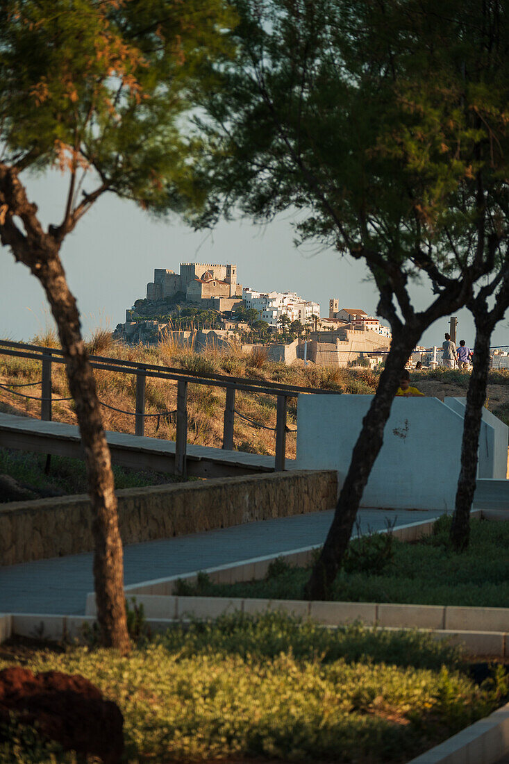 View of Papa Luna castle in Peñiscola from the beach, Castellon, Valencian Community, Spain