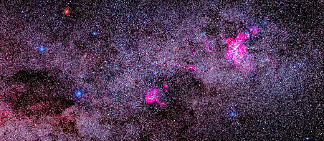 Other than the region of the Milky Way around the Galactic Centre in Sagittarius and Scorpius, this is arguably the richest area of the Milky Way for showpiece nebulas and star clusters. This two-segment telephoto lens panorama extends from the colourful stars of Crux, the Southern Cross at left, to Carina at right — from the dark Coal Sack Nebula to the bright Carina Nebula.